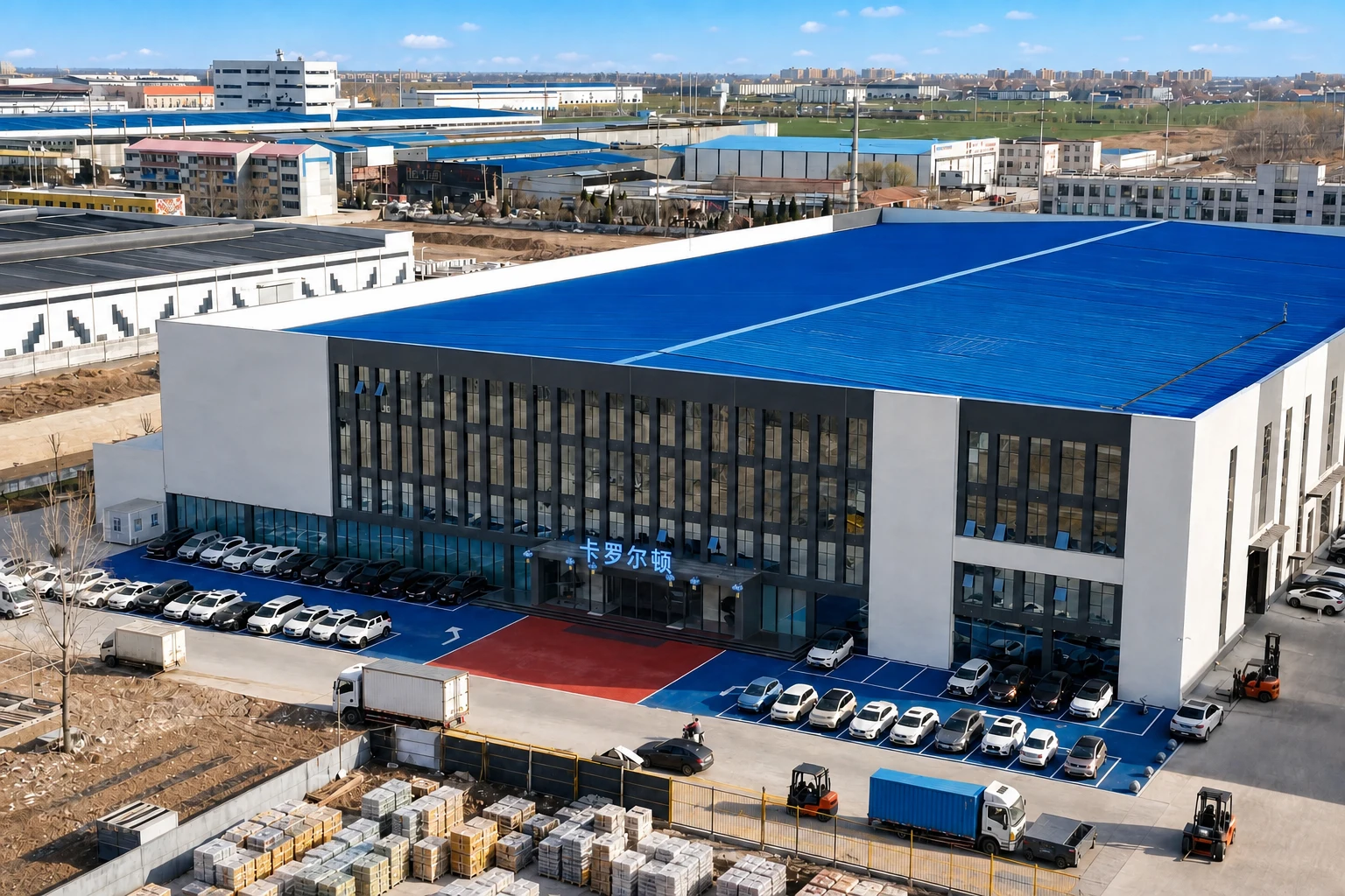 用户指定的好雪尔工厂外观图：蓝色屋顶、建筑立面与卡罗尔顿入口