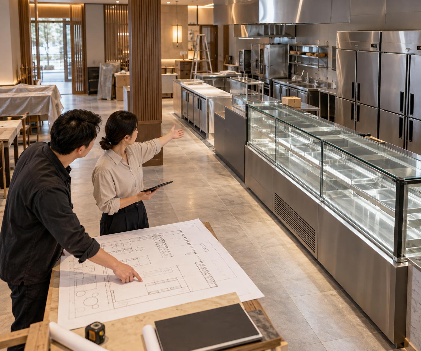 设计人员结合平面方案规划门店展示、备餐、冷藏设备与通道的概念场景