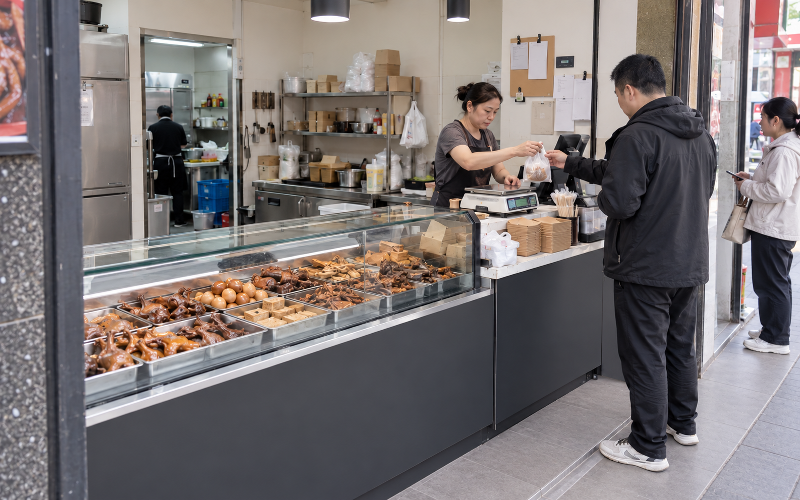 卤味零售应用示意：冷藏柜、称重打包收银、顾客接袋与后厨；非实际客户现场