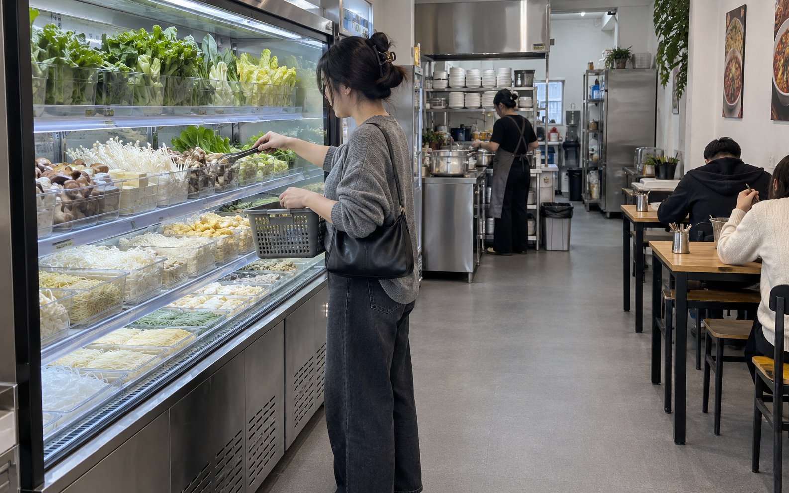 麻辣烫门店应用示意：顾客在冷藏食材柜前选菜，后方烹制与右侧用餐区；非实际客户现场