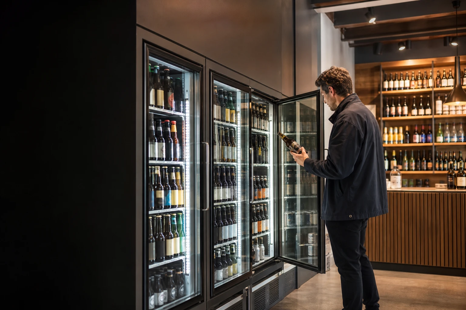 用户提供的酒类门店图：顾客打开玻璃门冷柜查看瓶装酒饮